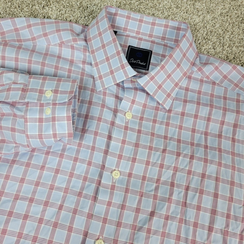 David Donahue Mens 17.5-32/33 Blue Red Plaid Button Up Long Sleeve